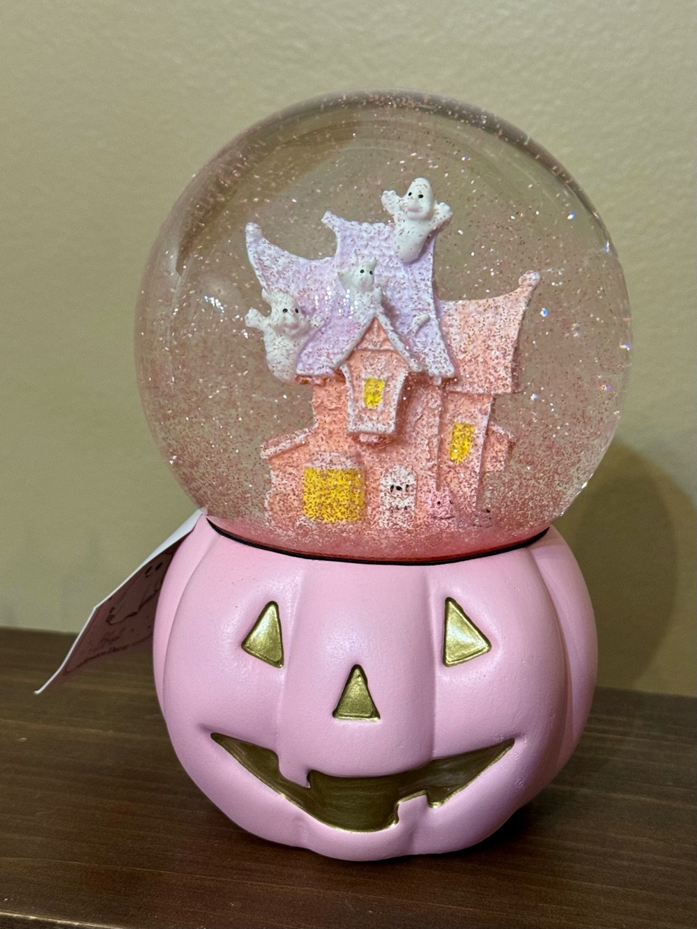Pink Pumpkin Jack-O'-Lantern Ghost House Snow Globe - Picture 3 of 3